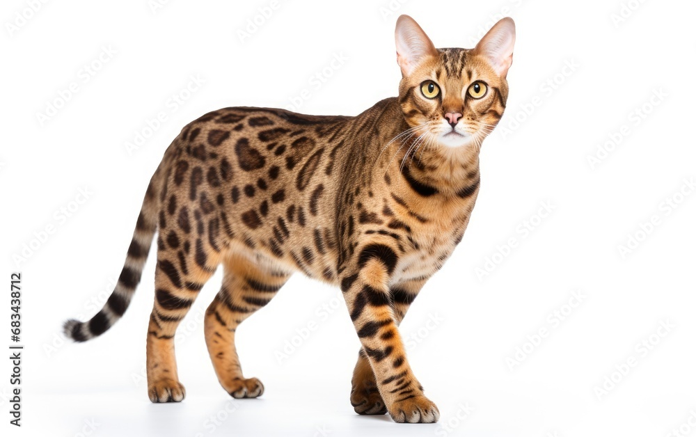 Fototapeta premium Bengal Cat walking at the camera in front isolated of white background