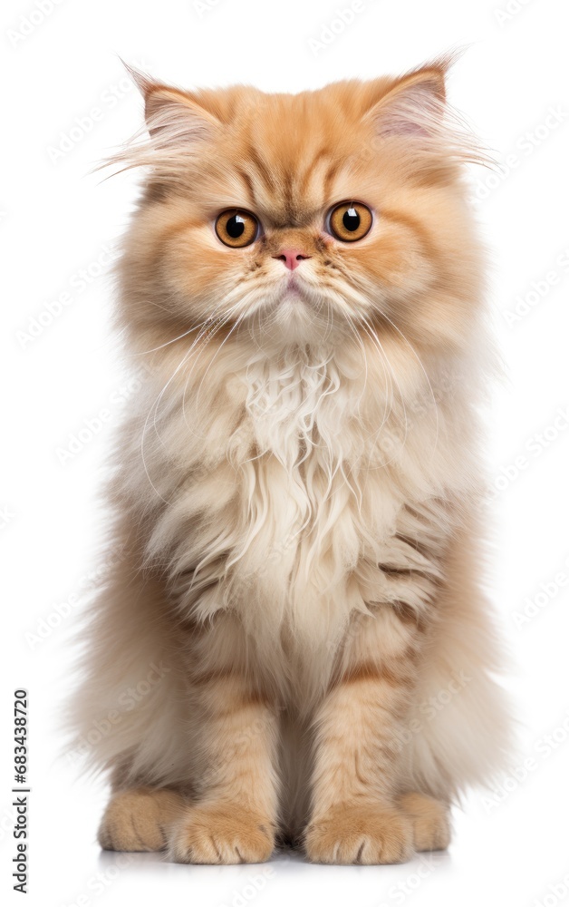 Persian Fluffy Cat sitting and looking at the camera in front isolated of a white background