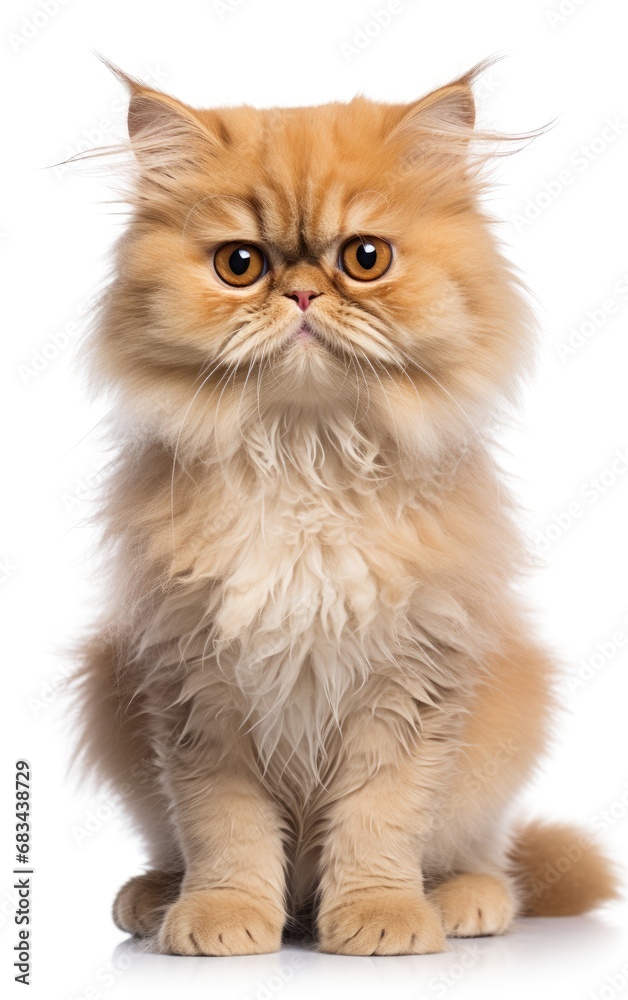 Persian Fluffy Cat sitting at the camera in front isolated of white background