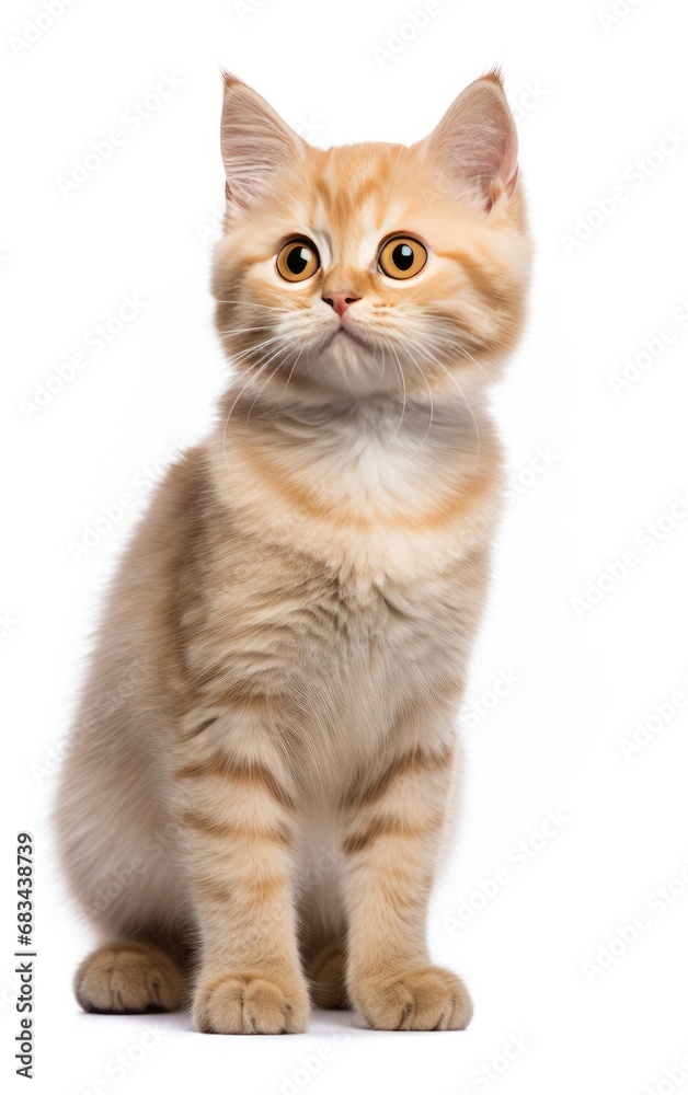 Munchkin Fluffy Cat sitting and looking at the camera in front isolated of white background