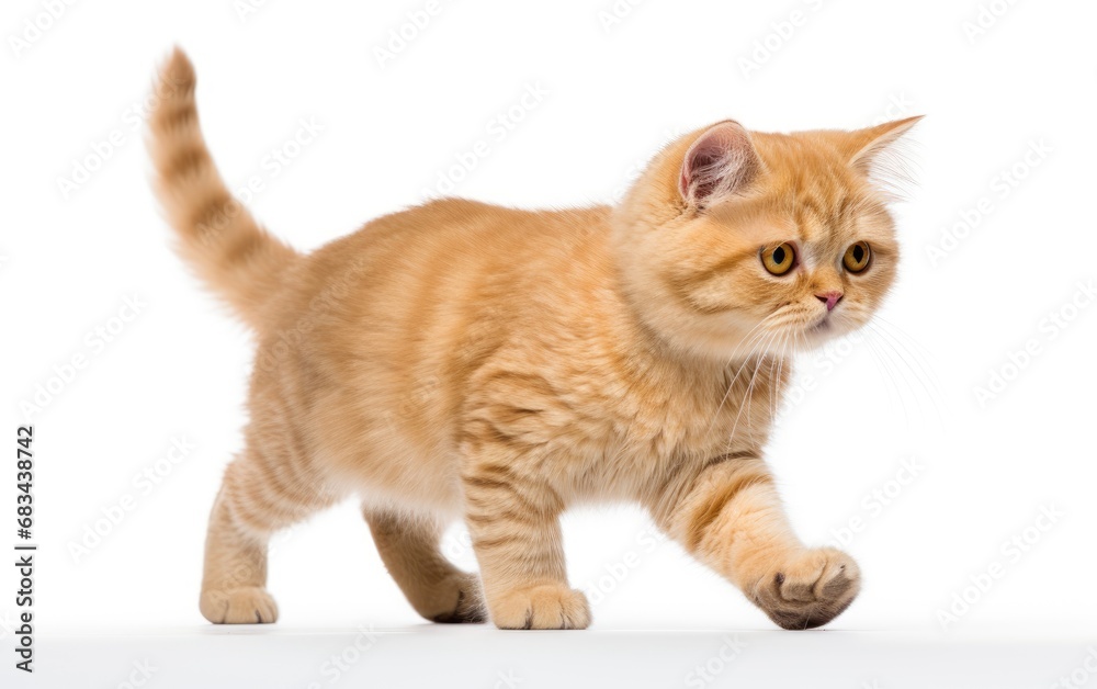 Obraz premium Munchkin Fluffy Cat walking at the camera in front isolated of white background