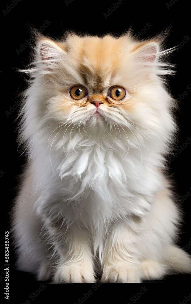 Persian Fluffy Cat sitting at the camera in front isolated of black background