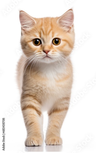Munchkin Fluffy Cat standing at the camera in front isolated of white background
