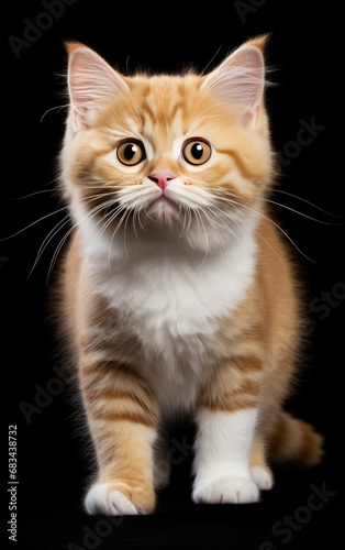 Munchkin Fluffy Cat standing at the camera in front isolated of a black background