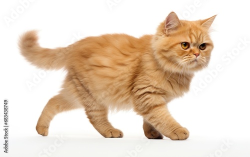 Munchkin Fluffy Cat walking at the camera in front isolated of white background