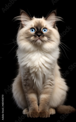 Ragdoll Cat sitting and looking at the camera in front isolated of black background
