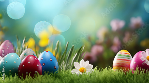 Colorful easter eggs on green grass with flowers and bokeh background