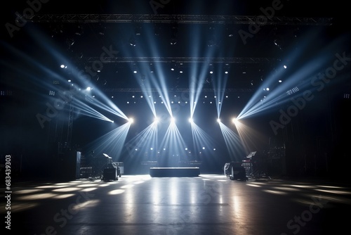 Illuminated empty stage lighting set for a concert. The vibrant lighting and empty space create an anticipatory atmosphere, awaiting the energy and performances of artists in the spotlight. photo