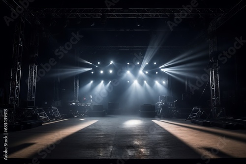 Illuminated empty stage lighting set for a concert. The vibrant lighting and empty space create an anticipatory atmosphere, awaiting the energy and performances of artists in the spotlight. © Ilia