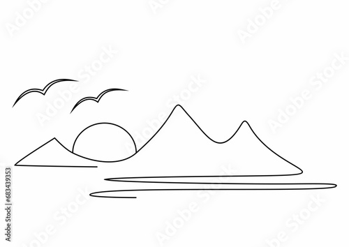Landscape, one stroke drawing, mountain, lake, sun and birds, vector illustration, line art