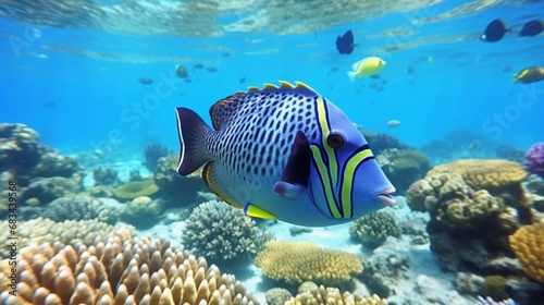 A Blue Jaw Triggerfish (Xanthichthys auromarginatus) swimming gracefully through a vibrant coral reef in the clear, tropical waters of the ocean.