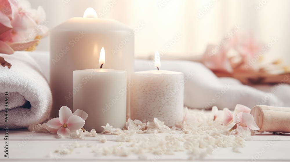 Beautiful spa treatment composition such as Towels, candles, essential oils, Massage Stones on light wooden background. blur living room, natural creams and moisturizing Healthy lifestyle, body care
