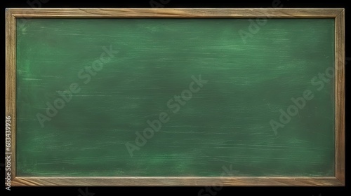 Blank green board, wooden frame, School Empty blank greenboard with chalk traces photo