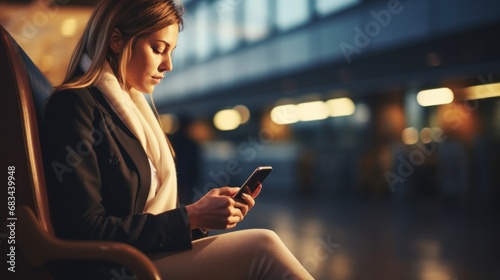 Business woman using mobile phone to book plane ticket through online application, sitting on travel checking travel time on board at airport, travel, payment, due, booking, online, check in photo