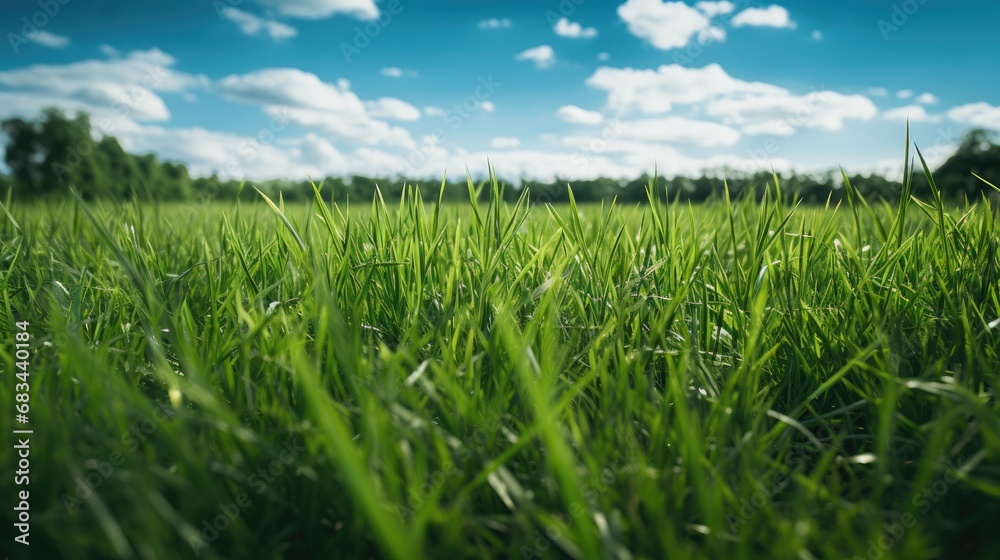 Green grass with sunlight at the sky. Park lawn area nature background