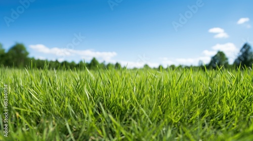 Green grass with sunlight at the sky. Park lawn area nature background