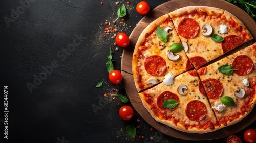 Pizza on dark background copy space flat lay space for text