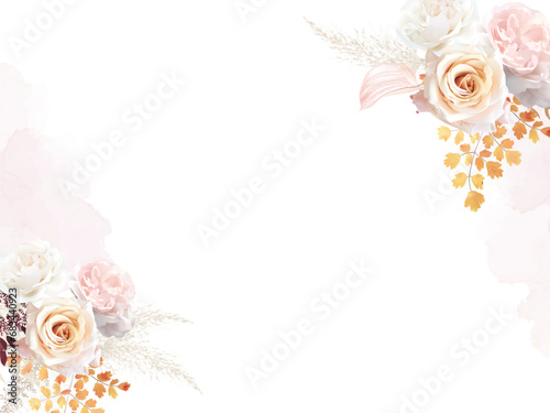 Rust orange, beige, white rose, anthurium flower, peony, pampas grass, golden fern, pastel dried leaves vector design