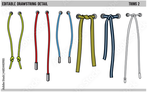 DRAWSTRING CORD FLAT SKETCH SET OF DRAW STRING WITH AGLETS FOR WAIST BAND, BAGS, SHOES, JACKETS, SHORTS, PANTS, DRESS GARMENTS, DRAWCORD AGLETS FOR CLOTHING AND ACCESSORIES VECTOR ILLUSTRATION photo