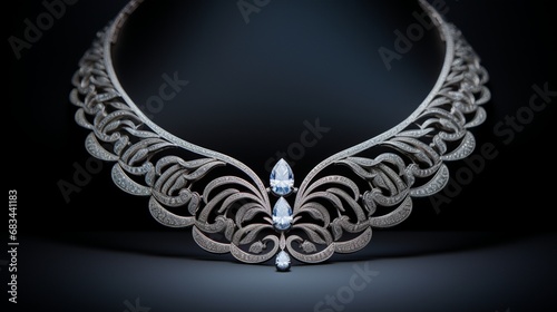 A delicate platinum necklace with intricate lacework designs, elegantly draped on a white stand, highlighting its craftsmanship against a white canvas.