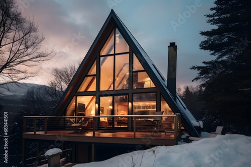 a modern minimalist wooden cabin house on snowy landscape in winters
