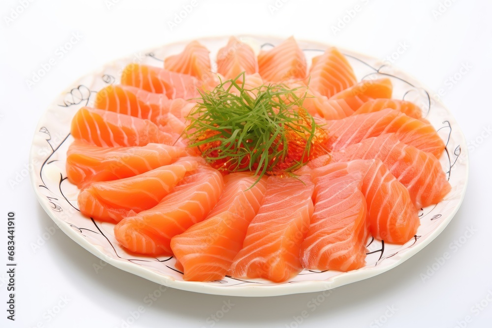 Salmon holding a photograph of salmon sashimi, Japanese food, most popular at this time, white background