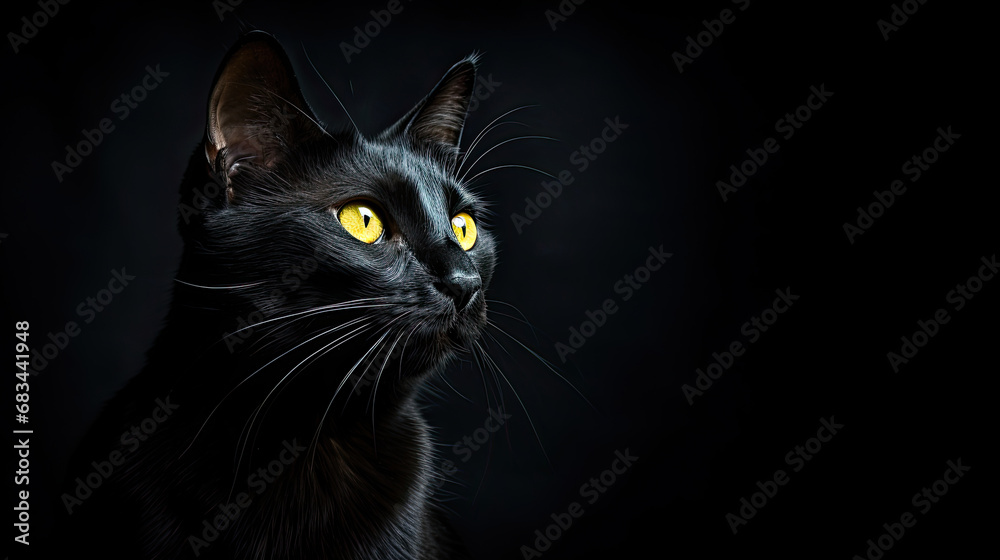 Profile portrait of a black cat on a black background. Free space for product placement or advertising text.