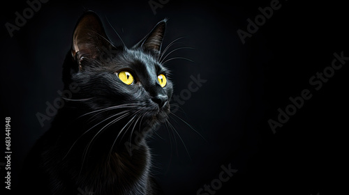 Profile portrait of a black cat on a black background. Free space for product placement or advertising text.