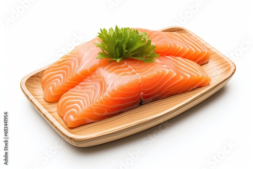 Salmon holding a photograph of salmon sashimi, Japanese food, most popular at this time, white background