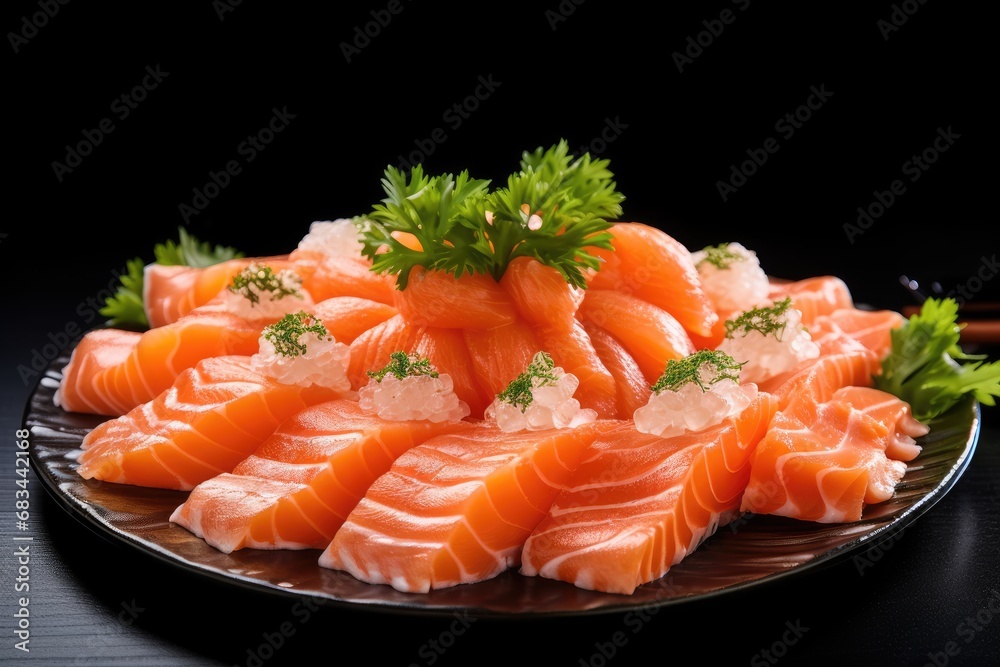 Salmon holding a photograph of salmon sashimi, Japanese food, most popular at this time, white background