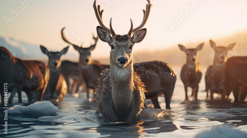 Deer Crossing a River Made with Generative AI Technology photo