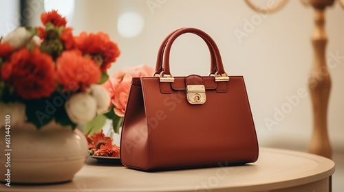 A designer handbag, its premium leather and brand logo prominent, positioned perfectly on a white table.