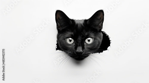 Portrait of a surprised black cat peeking out of a hole in a white background. Free space for product placement or advertising text.