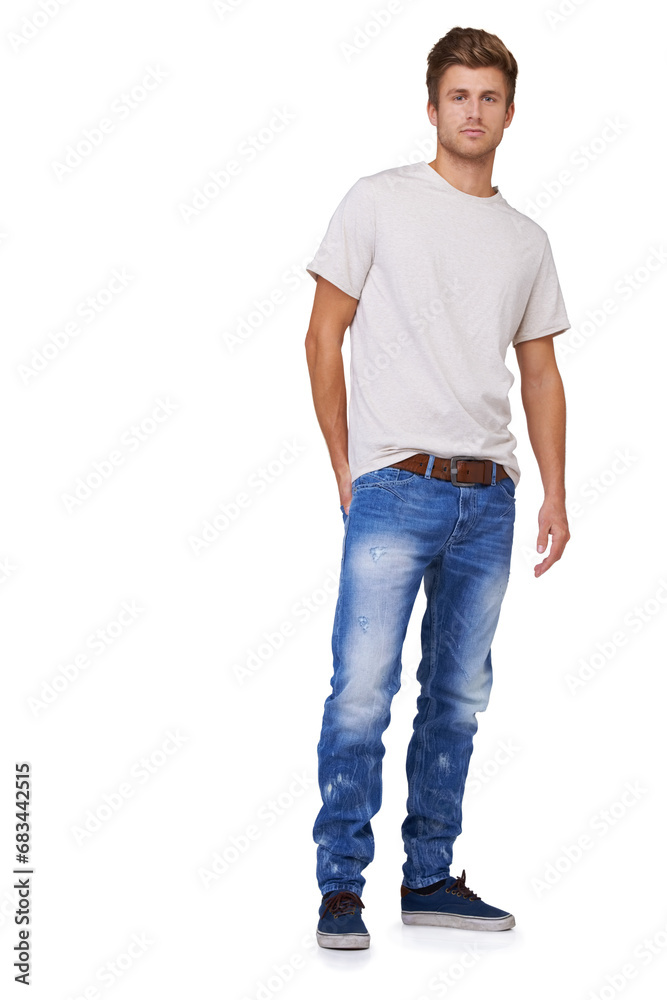 Fashion, portrait and young man in a studio with casual, stylish and trendy outfit for confidence. Handsome, cool and full body of male model with tshirt and jeans style isolated by white background. Fashion, portrait and young man in a studio with casual, stylish and trendy outfit for confidence. Handsome, cool and full body of male model with tshirt and jeans style isolated by white background.