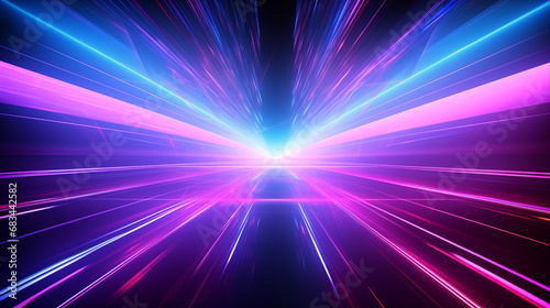 Abstract technology futuristic glowing neon blue and pink light lines with speed motion movingon dark blue background