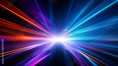 Abstract technology futuristic glowing neon blue and pink light lines with speed motion movingon dark blue background