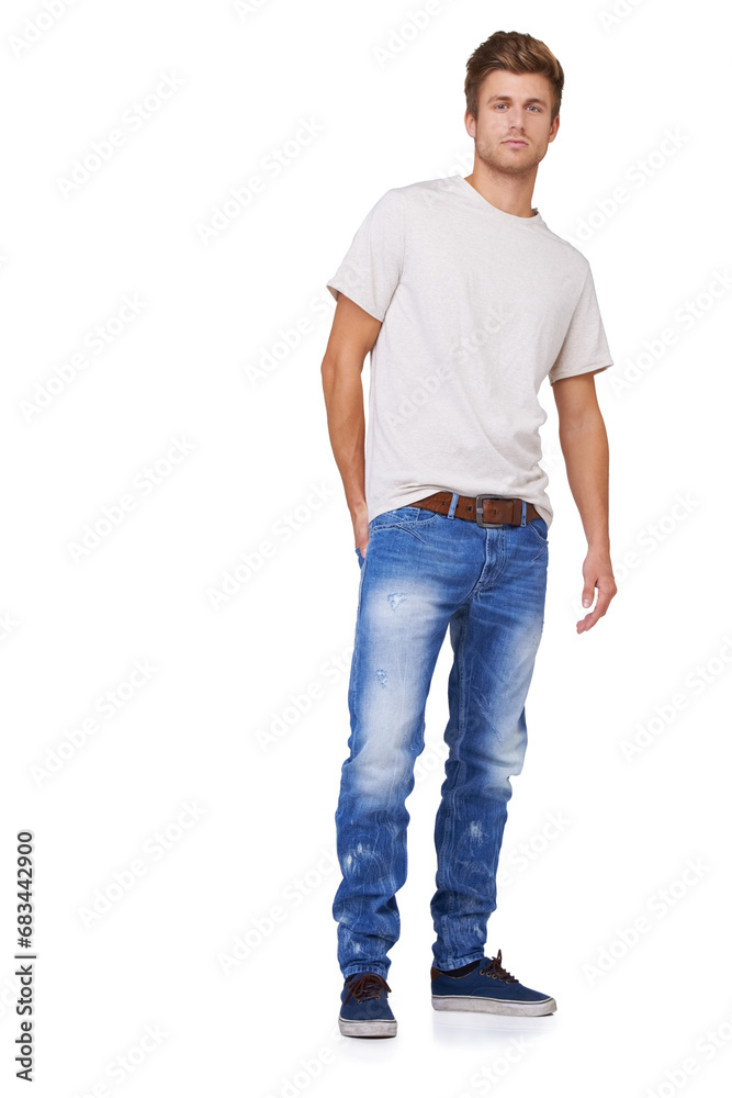 Fashion, serious and portrait of man in studio with casual, stylish and trendy outfit for confidence. Handsome, full body and young male model from Canada with cool style isolated by white background Fashion, serious and portrait of man in studio with casual, stylish and trendy outfit for confidence. Handsome, full body and young male model from Canada with cool style isolated by white background