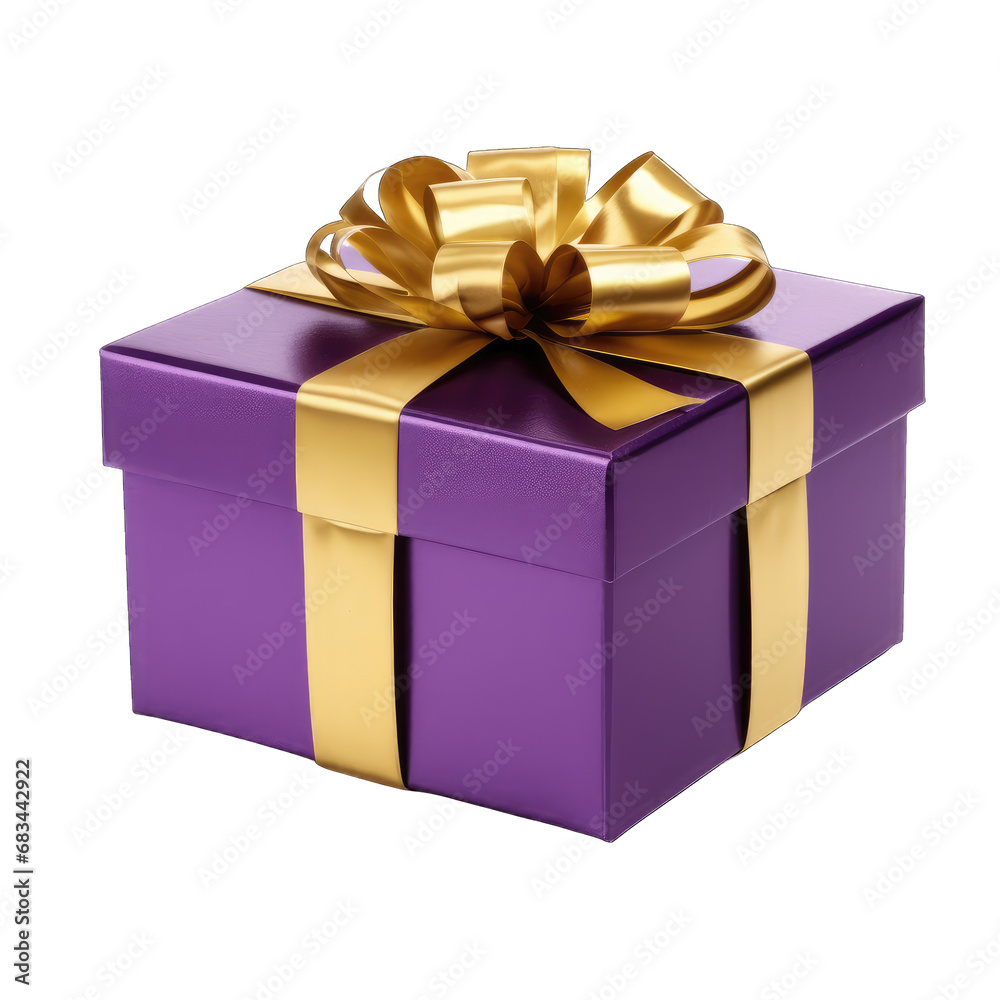 Purple gift box with gold bow isolated on transparent and white background. PNG transparent Purple gift box with gold bow isolated on transparent and white background. PNG transparent