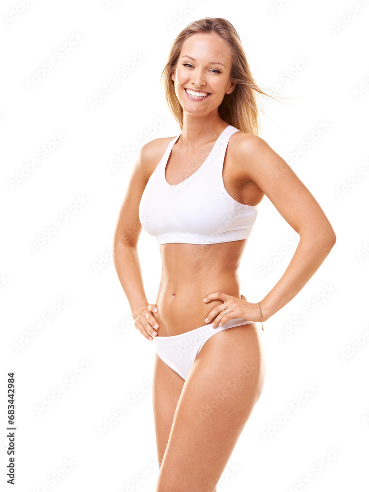 Portrait, smile and woman with underwear, body and fitness isolated on a white studio background. Person, girl and model with happiness, bikini and health with wellness, mockup space, joy and energy Portrait, smile and woman with underwear, body and fitness isolated on a white studio background. Person, girl and model with happiness, bikini and health with wellness, mockup space, joy and energy