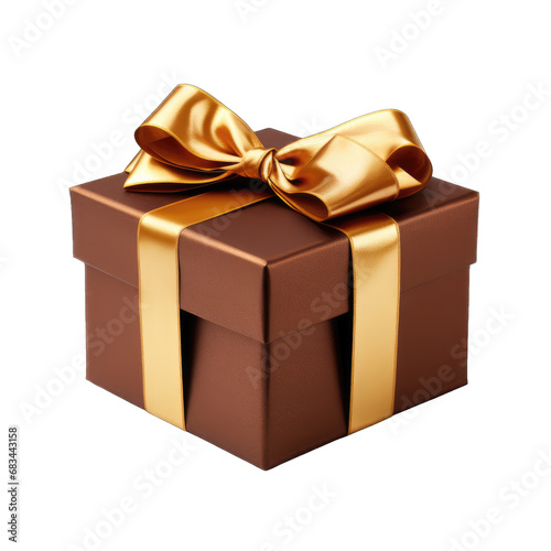 Brown gift box with gold bow isolated on transparent and white background. PNG transparent