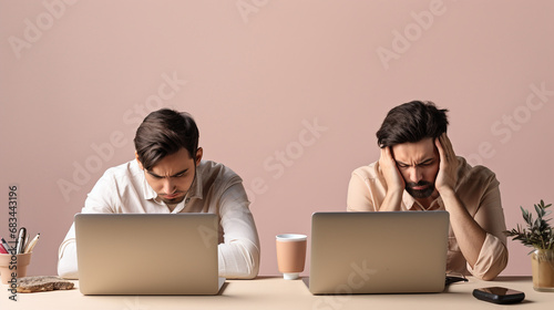 
Hyper-realistic high-quality photo of a Young frustrated exhausted man laid his head down on the table sit work at white desk with contemporary pc laptop isolated on pastel beige background. Achievem photo