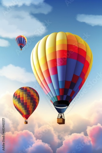 Colorful hot air balloon and aerostat floating in the blue sky. A delightful depiction of airborne adventure and the joyous spirit of celebration.