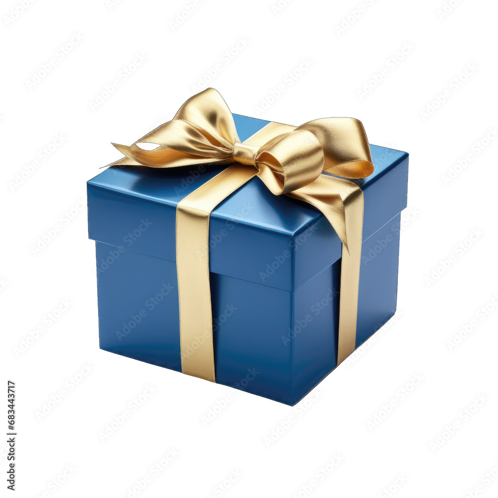 Blue gift box with gold bow isolated on transparent and white background. PNG transparent Blue gift box with gold bow isolated on transparent and white background. PNG transparent