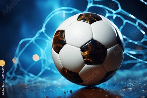 Soccer ball on a blue background with lights and smoke. 3d illustration. Football or Soccer Concept With Copy Space. Goal Concept. © John Martin