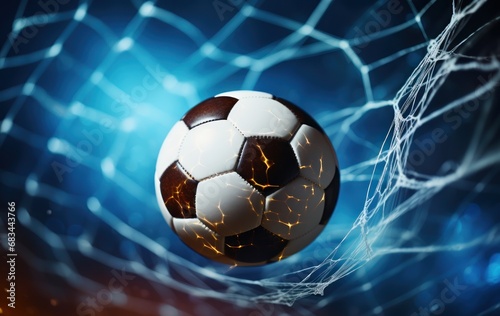 Soccer ball on the net. 3d illustration. Blue background. Football or Soccer Concept With Copy Space. Goal Concept.