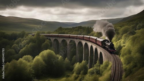 bridge in the mountains A steam train on a high viaduct. The train is carrying passengers 