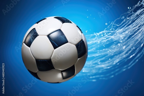 Soccer ball with splashes of water on a blue background. Football or Soccer Concept With Copy Space. Goal Concept.