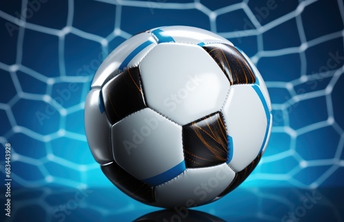 Soccer ball in the net. 3D illustration. Blue background. Football or Soccer Concept With Copy Space. Goal Concept. © John Martin