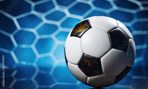 Soccer ball in goal net. Blue background. Copy space. Football or Soccer Concept With Copy Space. Goal Concept. © John Martin