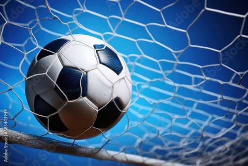 Soccer ball in goal net on blue background. 3d illustration. Football or Soccer Concept With Copy Space. Goal Concept.